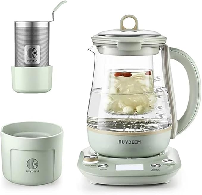 BUYDEEM Health Pot K2763 Lite, Glass Electric Kettle for Tea & Coffee, Hot Water Boiler and Wamer with Stew Pot, Temperature Control, Green, 1.5L