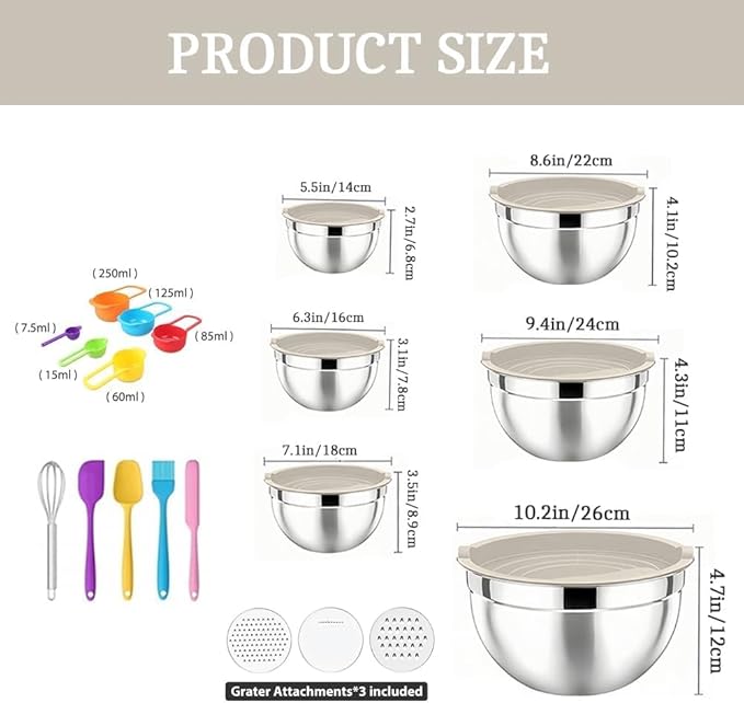 Thsinde Stainless Steel Mixing Bowls with Lids, 6-Piece Set (7 to 1-QT) Non-Slip Colorful Bottoms for Mixing, Serving & Food Prep