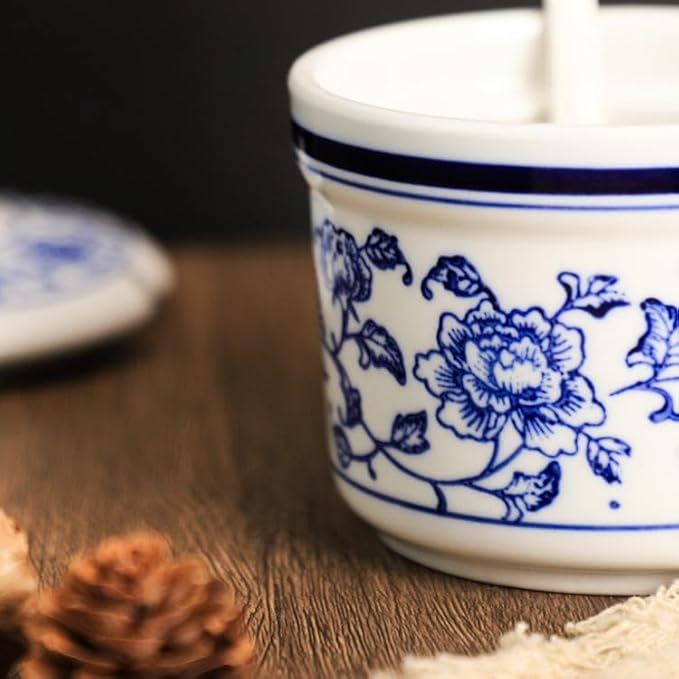 Retro Ceramic Blue and White Sugar Bowl Seasoning Pot Storage Jar with Lid