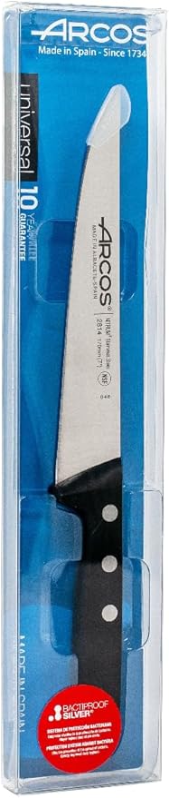 Arcos 7 Inch Kitchen Knife. Stainless Steel and Polyoxymethylene (POM) Black Handle. Series Universal