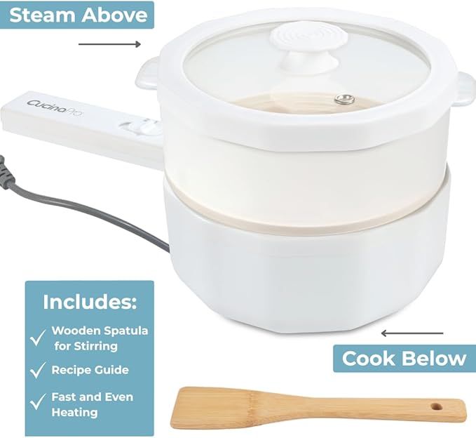 3-In-1 Electric Hot Pot w Dumpling Steamer & Rice Cooker - Multi-Function Non-Stick Cooker (1.5L) - Rapid Noodles Fried Rice Ramen Vegetables Soup w 2 Power Settings - Dorm Essential Must Have Gift