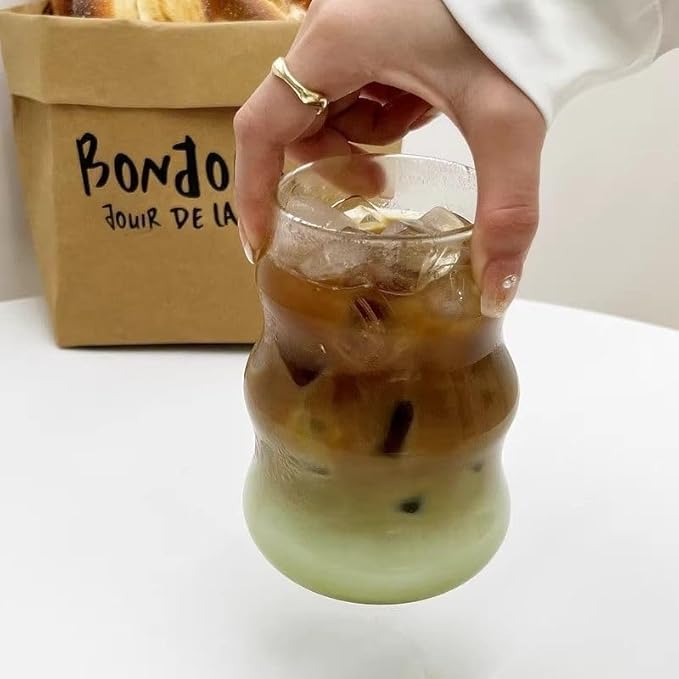 1pcs Vertical Stripe Drinking Glasses CupsGlass Tumbler, Ripple Glassware Coffee Cup, Cute Glass Tumbler for Iced Coffee Juice Drink Milk (yun)