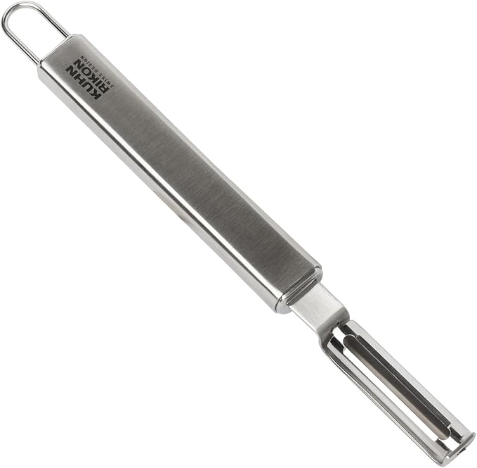 Kuhn Rikon Essential Swivel Peeler – Stainless Steel Swivel Blade for Effortless Fruit & Vegetable Peeling – Tip for Spot Removal