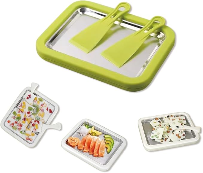 Rolled Ice Cream Tray, Ice Cream Maker for Kids, DIY Homemade Rolled Ice Cream Tray, Instant Freeze Plate with 2 Scrapers, Suitable for Family, School, Party, DIY Dessert Making. (White) (Green)