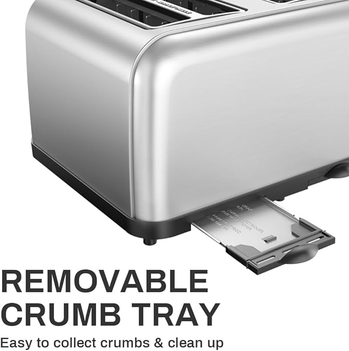RAMJOY Toaster 4 Slice, Dual Independent Controls, Extra Wide Slot Toasters for Bagel, Bread, Waffles, 7 Shade Settings, 4 Main Functions, Removable Crumb Tray, 1500 Watts, Brushed Stainless Steel