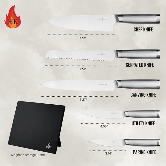 Hell's Kitchen Stainless Steel Knife Set, 6 Piece Cutlery Set with Magnetic Storage Block