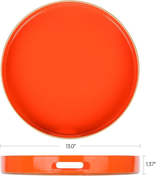 Sturdy Acrylic Serving Tray with Handles-13Inch, Morden Plastic Round Serving Tray for Coffee Table Bathroom, Ottoman, Home Decor (Round - Pink) (Orange, 13" x 13" x 1.4")