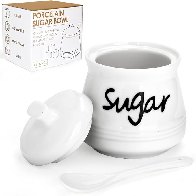 Ceramic Sugar Bowl with Lid and Spoon, 12 Ounces Porcelain Sugar Jar Sugar Dispenser, Sugar Container for Home and Kitchen Decor (White)