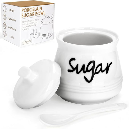 Ceramic Sugar Bowl with Lid and Spoon, 12 Ounces Porcelain Sugar Jar Sugar Dispenser, Sugar Container for Home and Kitchen Decor (White)