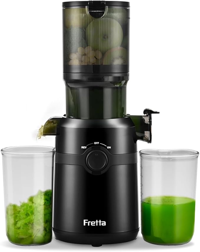 Juicer Machines,Fretta Cold Press Juicer with 4.25" Large Feed Chute,Fit Whole Fruits & Vegetables,High Juice Yield,PCTG Material,BPA-Free,Black