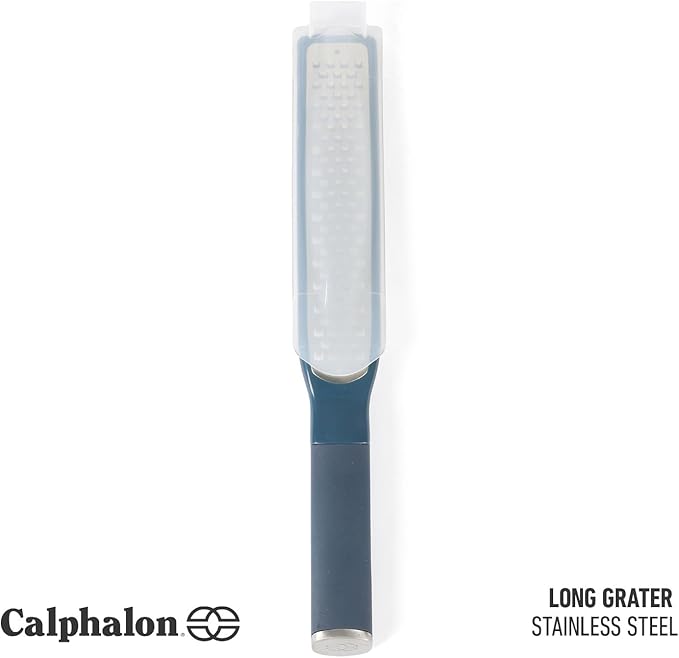 Calphalon Edge Stainless Steel Handheld Grater Lemon Zester W/Cover & Rubber Handle - Navy Blue