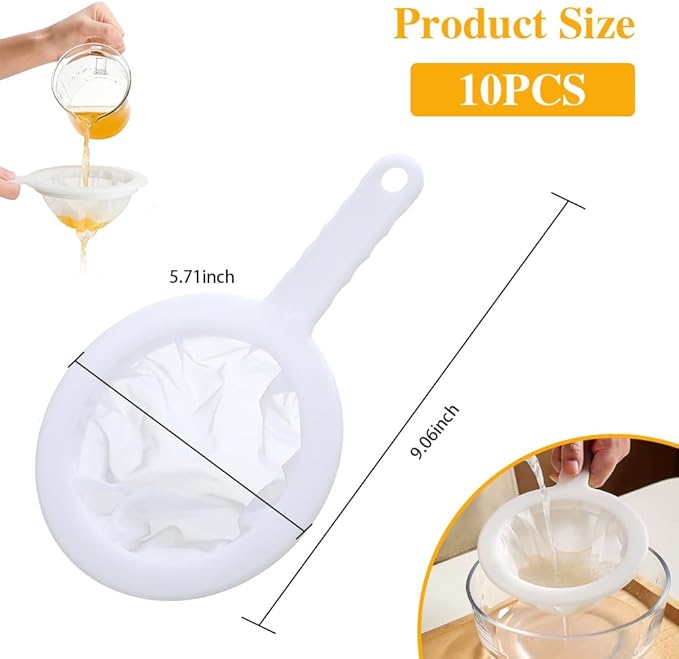 10 Pieces 200 Mesh Fine Nylon Strainer with Handle,Food Juice Yogurt Strainer Mesh Colander Plastic Mesh Sieve for Filtering Juice Milk Soy Coffee Honey Wine Yogurt