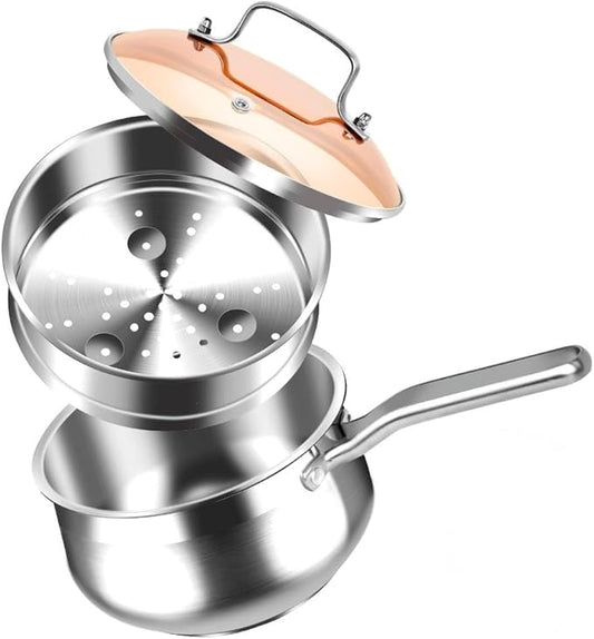WANGYUANJI 2.5 Quart Stainless Steel Saucepan with Steamer Insert, 2-in-1 Sauce Pot with Lid & Steamer Basket, Tri-Ply Bottom Induction Cookware for Boiling, Soup, Milk, Silver