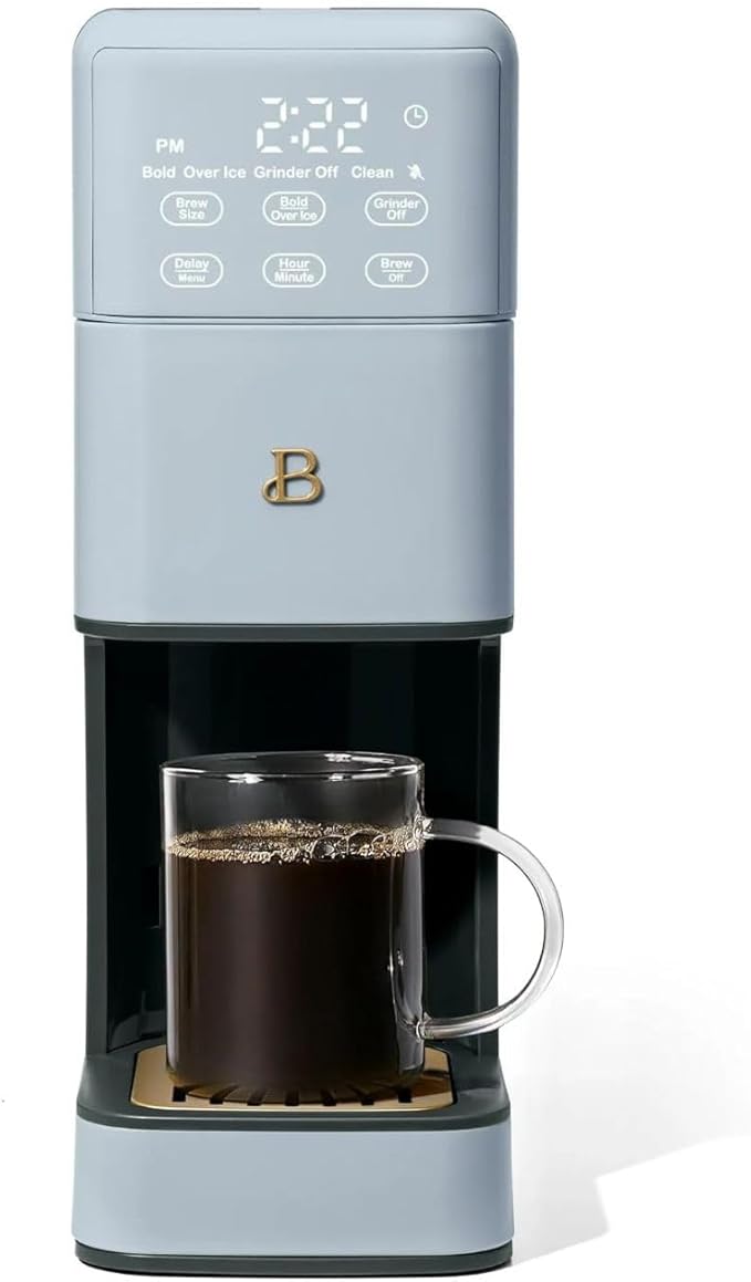 Beautiful Perfect Grind Programmable Single Serve Coffee Maker, Burr Grinder, 64 oz Reservoir, 6 Brew Sizes by Drew Barrymore (Cornflower Blue)