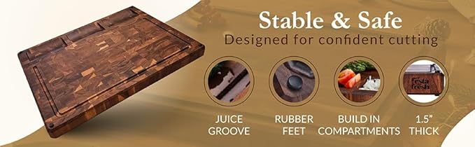 Premium Extra Large Thick End Grain Acacia Wood Cutting Board with Non-Slip Feet, Juice Groove, Sorting Compartments for Kitchen 20x15x1.5