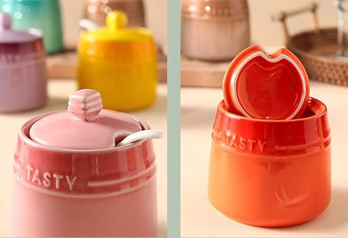 Colourful Ceramic Spice Jar Seasoning Box Condiment Pot Sugar Bowl with Lid Spoon-Pink