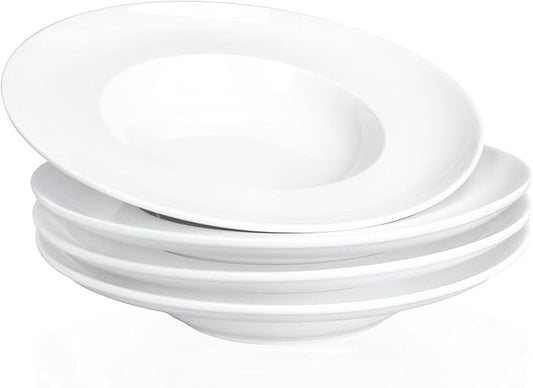 Pasta Plates with Rim 6.8 oz, Soup Bowl Pasta Bowl Set of 4, White Shallow Bowl Plate, Ceramic Wide Rimmed Soup Bowl, Best choice for high-end restaurants, hotels, and foodies, 9.2 Inch