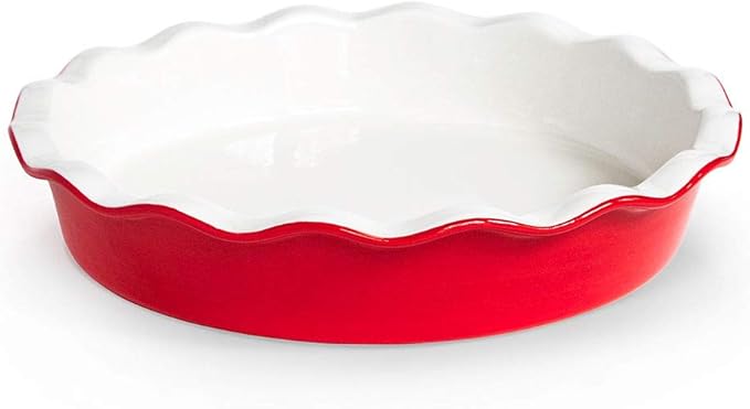 KooK Deep Dish Pie, Pecan Dessert Dish, Porcelain, Ceramic, Deep Dish Plate 10 Inch, Apple Pie, Ruffled Wave Edge, Reusable Round Pan, Oven and Dishwasher Safe, 44 Oz, (Cherry)