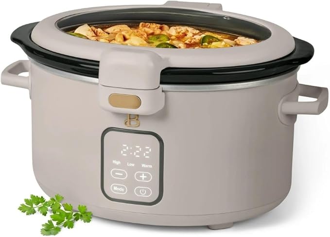 Beautiful by Drew 4.0-Quart Programmable Slow Cooker with Hinged Lid, Digital Timer, Keep Warm Function, Removable Stoneware Pot, Stainless-Steel Accents (Porcine Taupe)