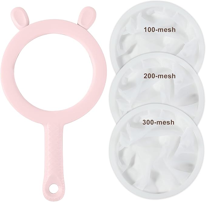 3-in-1 Fine Mesh Filter Kit with Detachable Sieve, 100/200/300 Mesh Filter with Pink Handle, Interchangeable Nylon Filter for Coffee, Tea, Nuts, Milk Juice, Fine Mesh Food Grade PP Frame（Pink）