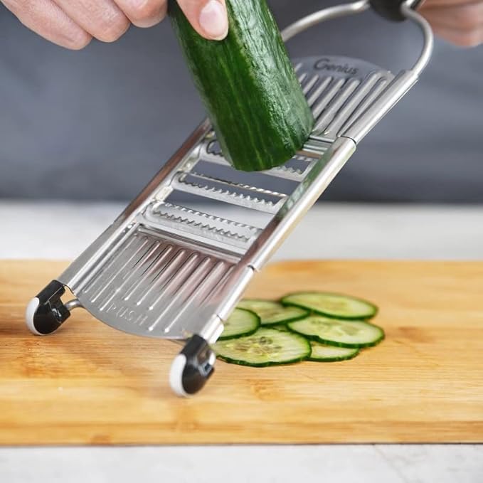 Genius Nicer Dicer Speed Vegetable Slicer with 3 Inserts, Stand and 550ml Collecting Container, Parmesan Grater, Julienne Grater and V-Slicer
