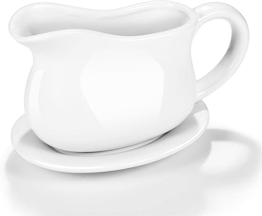 Gravy Boat, Sauce Boat 18 oz Gravy Bowl with Tray, Ceramic Serving Dish for Sauces, Dressings and Creamer with Large Handle, Designed for Microwave Safe Omesata