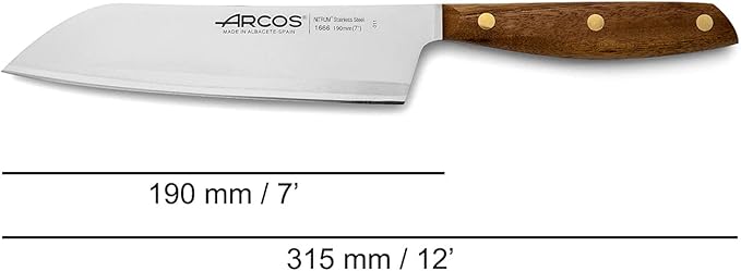 Arcos Santoku Knife 7 Inch Stainless Steel. Japanese Kitchen Knife for Fish, Meat and Vegetables. Ovengkol Wood Handle 100% natural FSC and 190mm Blade. Series Nordika. Color Brown.