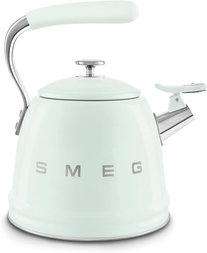 SMEG Stovetop Whistling Kettle – 50s Retro Style, 2.3 Liter (10 Cup / 2.4 Quart) Stainless Steel Tea Kettle with Iconic Design & Whistle – Premium Kitchen Statement Piece-Pastel Green