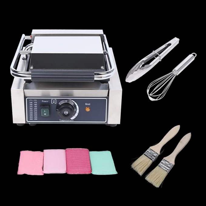 Commercial Panini Press Grill, 1800W Electric Stainless Steel Sandwich Maker, Portable Toaster with Handle Temp Control, Smooth Flat Surface Electric Griddle for Hamburger Steak Bacon