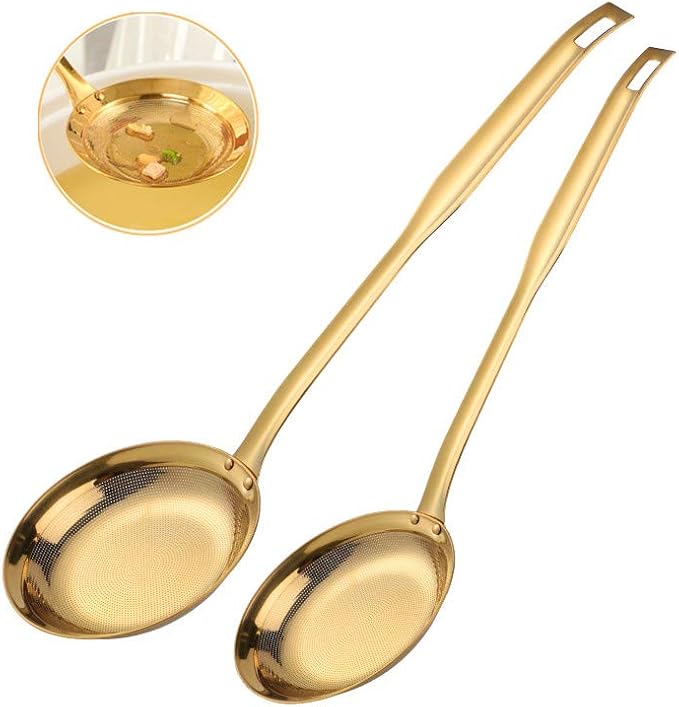 Set of 2 Food Strainers Fine Mesh, Mingcheng 304 Stainless Steel Hot Pot Fat Skimmers for Cooking Grease Gravy and Foam with Long Handle, Small(Dia 3.54in) and Large(Dia 4.53in) Size Gold
