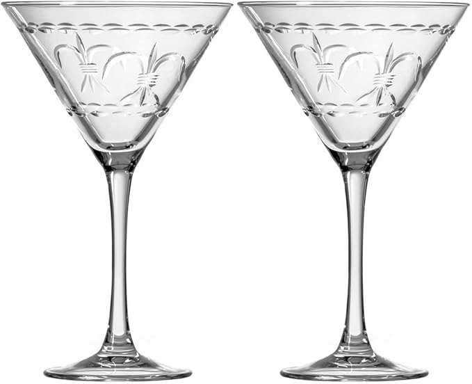 Rolf Glass Fleur De Lis Martini Glass 10 Ounce - Set of 2 Stemmed Martini Glasses - Lead-Free Glass - Diamond-Wheel Engraved Cocktail Glasses - Made in the USA