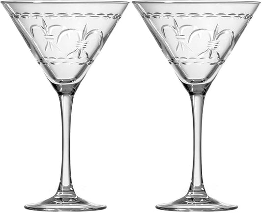 Rolf Glass Fleur De Lis Martini Glass 10 Ounce - Set of 2 Stemmed Martini Glasses - Lead-Free Glass - Diamond-Wheel Engraved Cocktail Glasses - Made in the USA