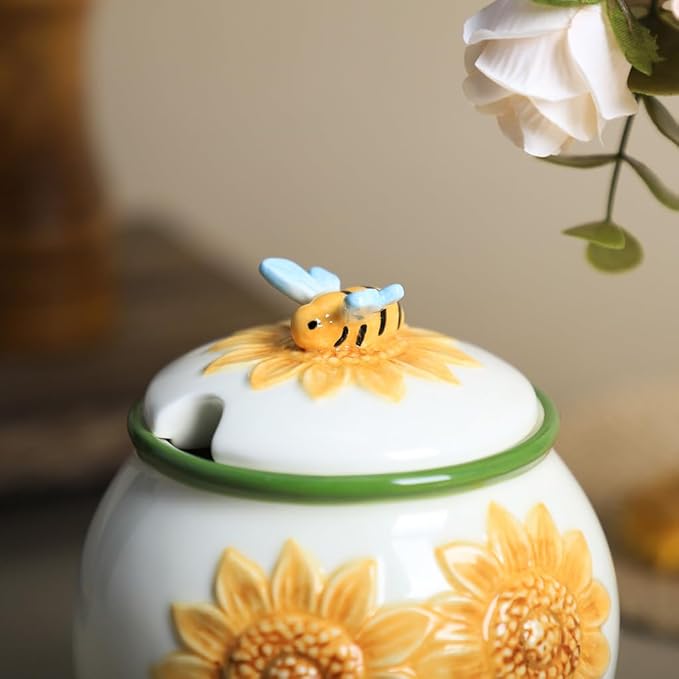 WAIT FLY Embossed Sunflower and Bee Ceramic Sugar Bowl with Lid and Spoon, Sugar Container, Sugar Jar for Kitchen Countertop, Coffee Bar-A