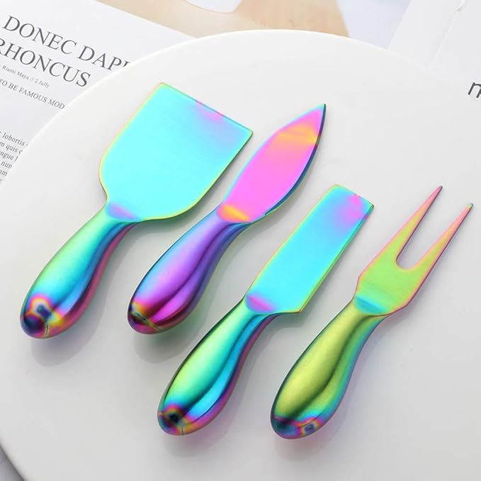 Buyer Star Rainbow 4 Piece Cheese Knife Set Stainless Steel Mini Cheese knives Charcuterie Board Accessories Cheese Spreader Knife with Gift Box for Charcuterie, Gift-Ready