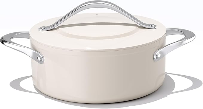 CookinCraze Low Stock Pot 4.5qt Dutch Oven Pot with Lid (9.5"x 4") Nonstick Ceramic Coated Non-Toxic PFAS-Free Even Heat Distribution for Braising, Baking Bread & Soups, Compatible for All Cooktops(Induction/Gas/Electric) Oven Safe to 500°F (Cream)