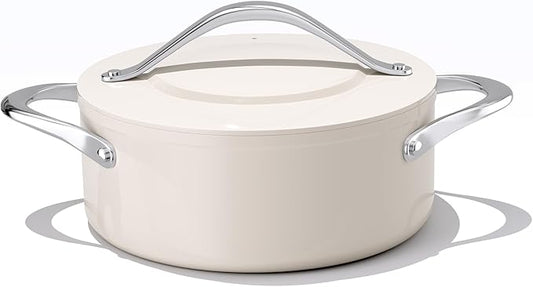 CookinCraze Low Stock Pot 4.5qt Dutch Oven Pot with Lid (9.5"x 4") Nonstick Ceramic Coated Non-Toxic PFAS-Free Even Heat Distribution for Braising, Baking Bread & Soups, Compatible for All Cooktops(Induction/Gas/Electric) Oven Safe to 500°F (Cream)