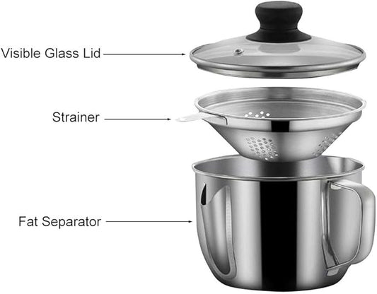 Stainless Steel Fat Separator 4 Cup/1000ML Gravy Grease Separator with Strainer and Glass Lid, Soup Oil Separator Cup for Cooking, Oil Soup Separator Strainer Pot for Kitchen (Silver)