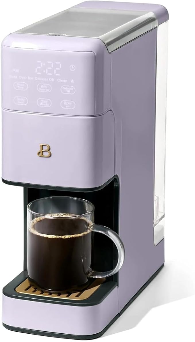 Beautiful Perfect Grind Programmable Single Serve Coffee Maker, Burr Grinder, 64 oz Reservoir, 6 Brew Sizes by Drew Barrymore (Lavender)