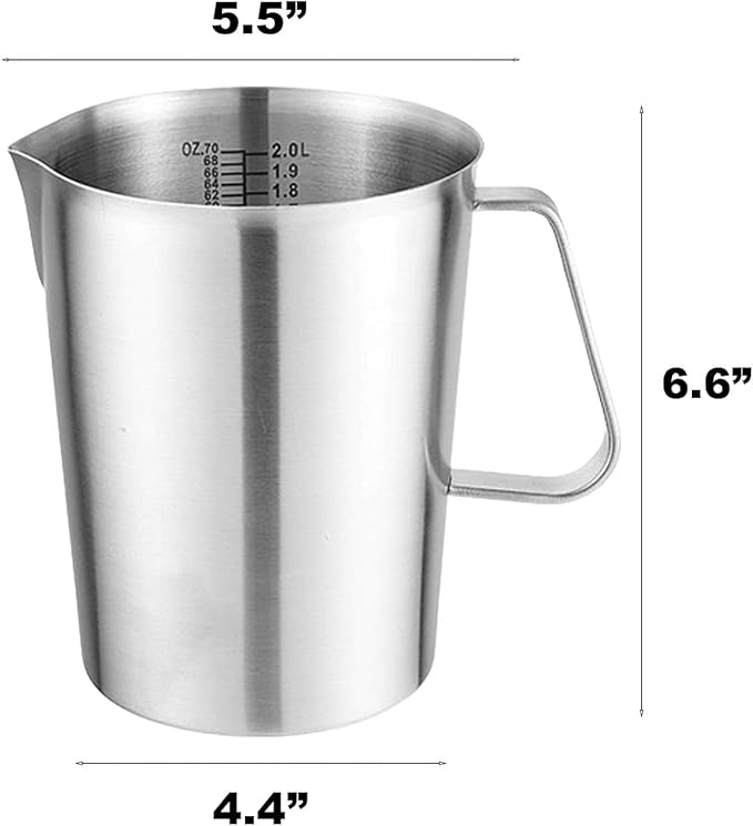 2L Measuring Cup, 304 Stainless Steel Pitcher with Lid, Liter/Oz Marking and Handle, Large Mouth Graduated Beaker, Food-grade Metal Milk Frothing Pitcher (70Oz 8 Cup)