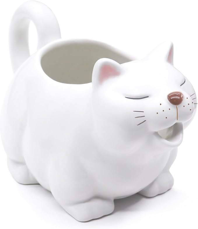 Large 23Oz Cat Gravy Boat,With Hand Painted White Fine Porcelain Saucier With Big Dripless Lip Spout |For Gravy, Warming Sauces, Salad Dressings, Milk, More Microwave & Freezer Safe
