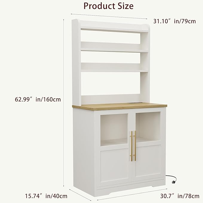 IDEALHOUSE Bakers Rack With Storage Cabinet, Microwave Stand With Power Outlets, Farmhouse Bakers Rack With Thick Table Top, Small Kitchen Pantry for Kitchen,Dining Room,White & Peer Wood