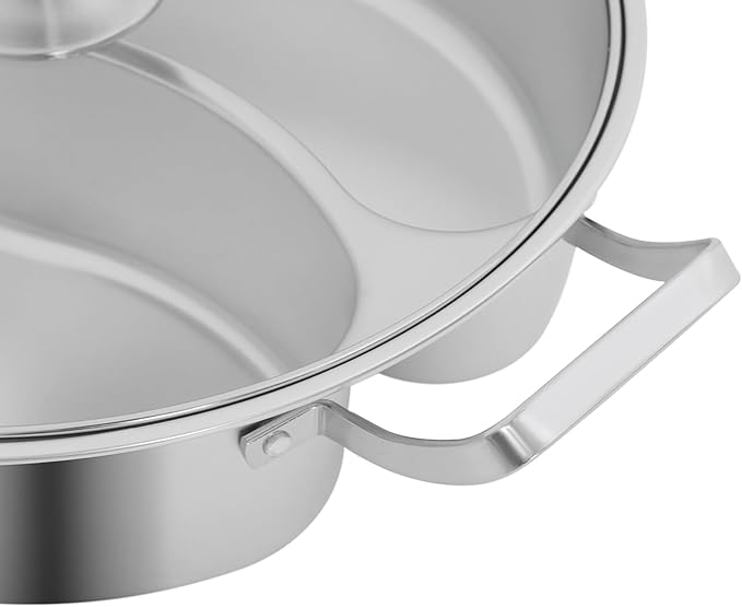 Double-flavor Hot Pot, 5L Stainless Steel Hot Pot with Divider and Clear Lid Divided Stockpot for Gas Hob Induction Hob Electric Ceramic Hob Electric Heater (12.6 * 3.5 inch)