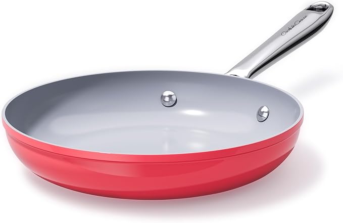 Nonstick Ceramic Frying Pan 8 inch for All Cooktops, Healthy PFAS Free Egg Pan, Even & Quick Heat Distribution Oven Safe to 500°F, Healthy Non Toxic Skillet w/ Ergonomic Stay-Cool Handle, Fusion Red
