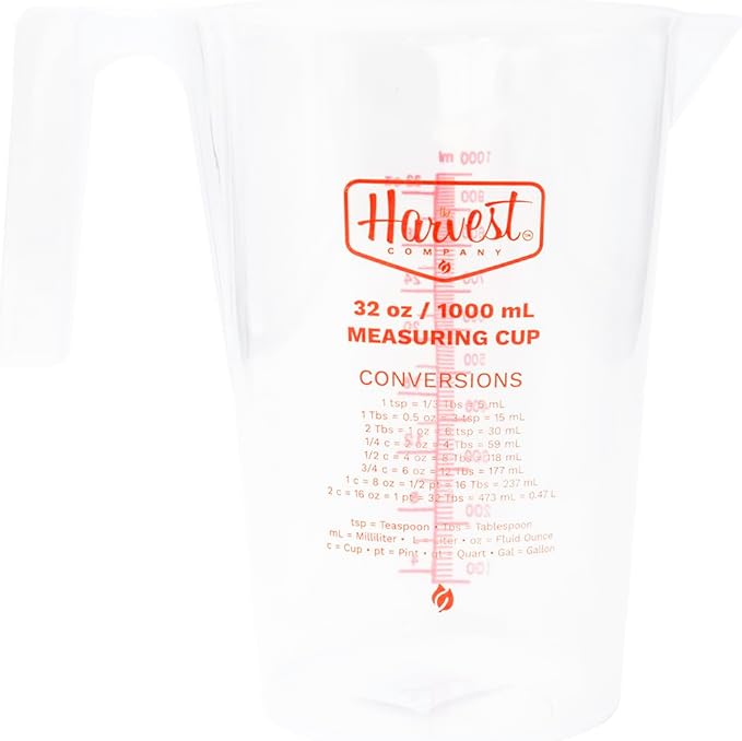 The Harvest Company 1000ml Calibrated Measuring Cup, Milliliters and Ounces, Clear Plastic with Spout for Mixing and Measuring Fertilizers, Pesticides and More