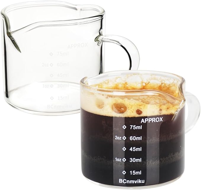 BCnmviku 2 Pack Double Spouts Measuring Triple Pitcher Milk Cup 75ML Espresso Shot Glasses Parts Clear Glass