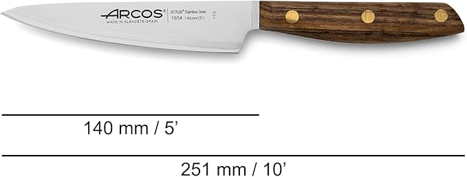 Arcos Chef Knife 5 Inch Stainless Steel. Professional Kitchen Knife for Cooking. Ovengkol Wood Handle 100% natural FSC and 140 mm Blade. Series Nordika. Color Brown.