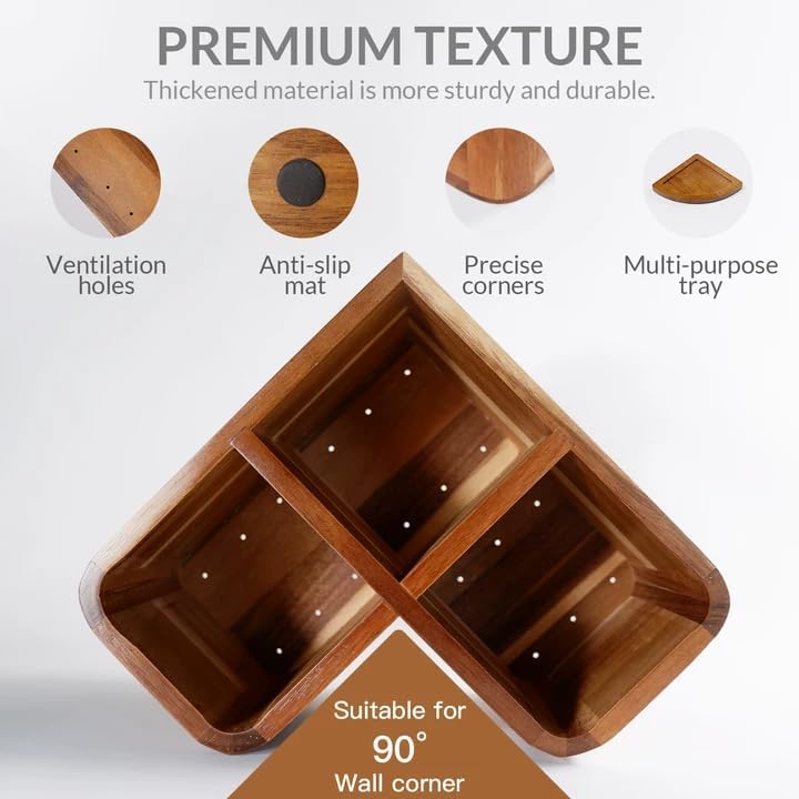 Large Kitchen Utensils Holder with 3 Compartments,Corner Utensil Caddy for Countertop,Acacia Wooden Utensil Organizer for Kitchen Countertop, Farmhouse Decor