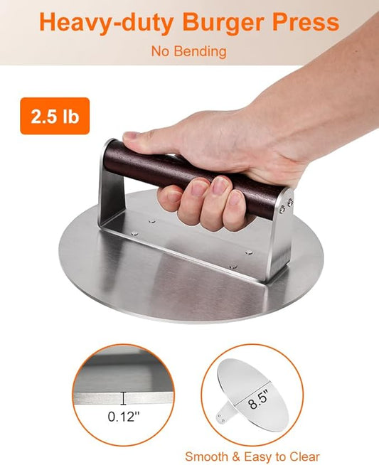 Brigii 8.5" Stainless Steel Smashed Burger Press, Round Flat Edge Grill Press for Crispy Smash Burgers, Hamburger Tool for Grill and Griddle Accessories, for BBQs and Tailgates, Dishwasher Safe