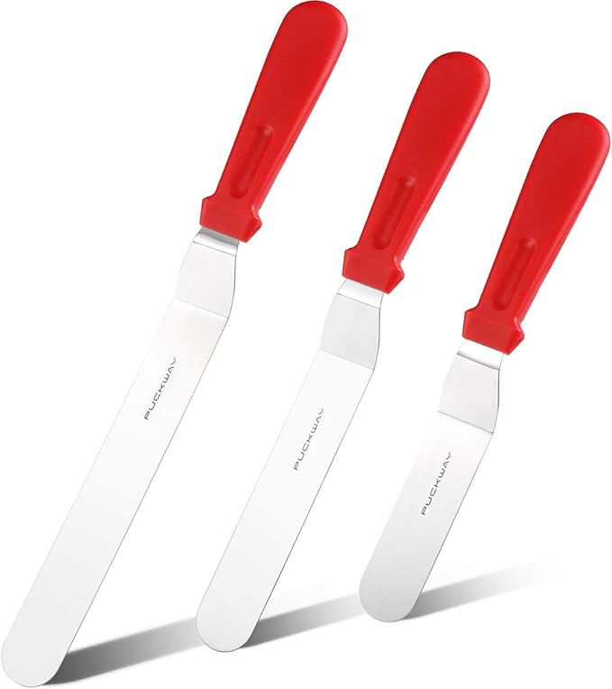 PUCKWAY Offset Spatula set of 3 Red 6 8 & 10 Inch Cake Frosting Angled Icing Spatula for Decorating
