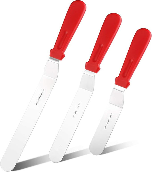 PUCKWAY Offset Spatula set of 3 Red 6 8 & 10 Inch Cake Frosting Angled Icing Spatula for Decorating